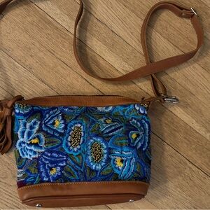 Guatemalan Floral hand Embroidered Blue and Brown Crossbody Bag